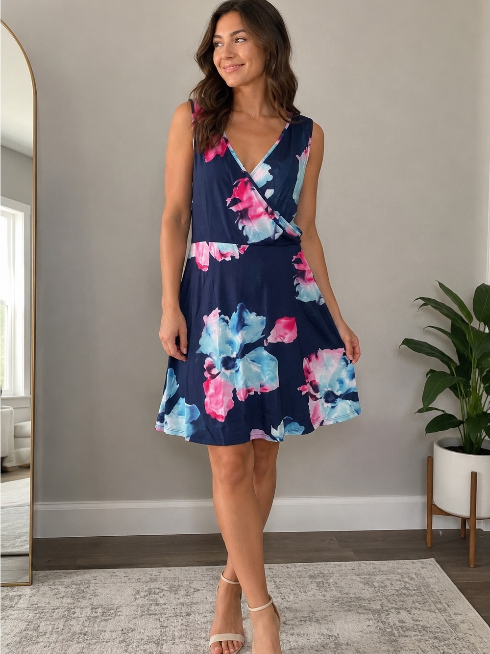 Navy Floral Wrap-Front Mini Dress with Pink & Light Blue Blooms